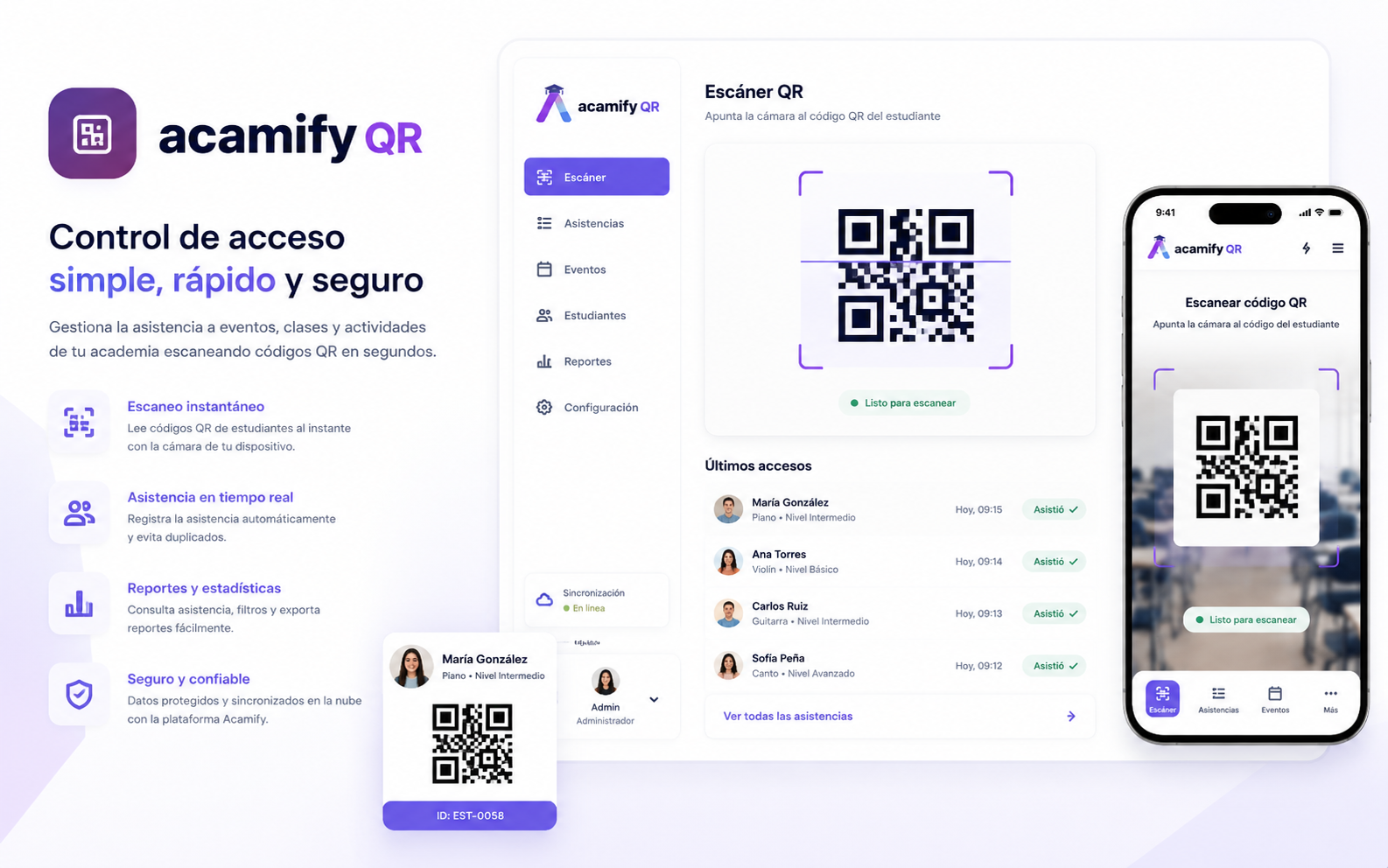 Vista publica oficial de Acamify QR para eventos